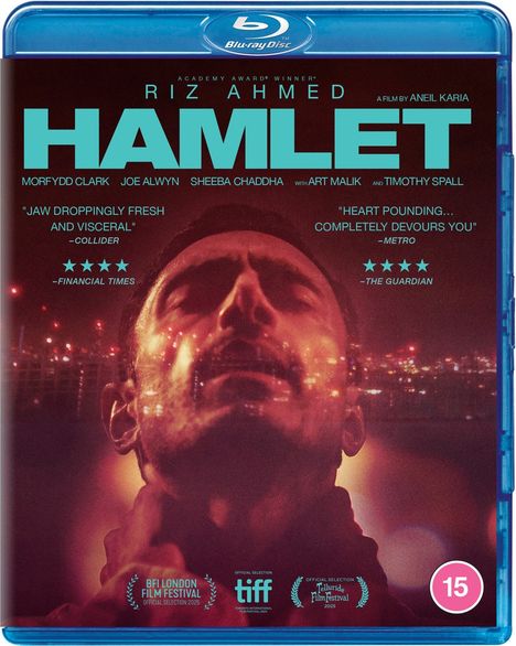 Riz Ahmed in "HAMLET", Blu-ray Cover. Zitate: "Jaw droppingly fresh and visceral" - Collider, "Heart pounding..." - Metro.