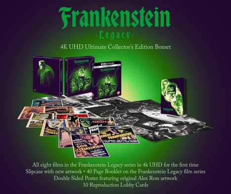 "Frankenstein Legacy" oben, ein 4K Collector's Boxset mit Postern, Booklet und Filmen, alles in grüner und violetter Optik.