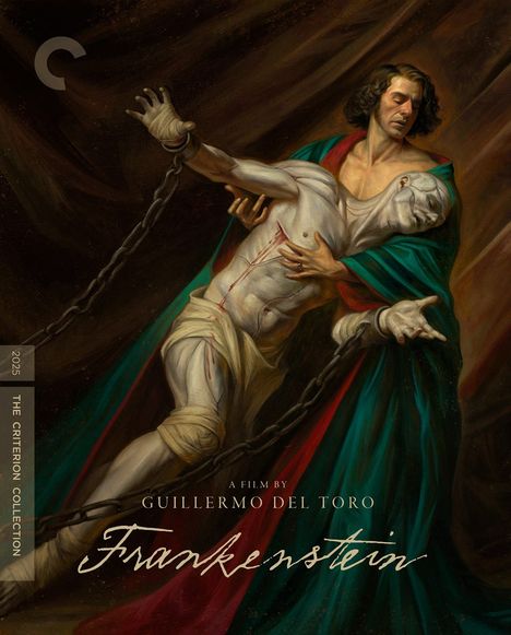 Aufschrift: "A film by Guillermo del Toro, Frankenstein." Illustration: Eine Figur hält eine andere, ketteumwundene.