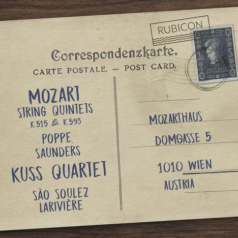 „MOZART STRING QUINTETS K.515 & K.593“, Kuss Quartett-Adressenlayout auf vintage Postkarte mit Mozart-Briefmarke.