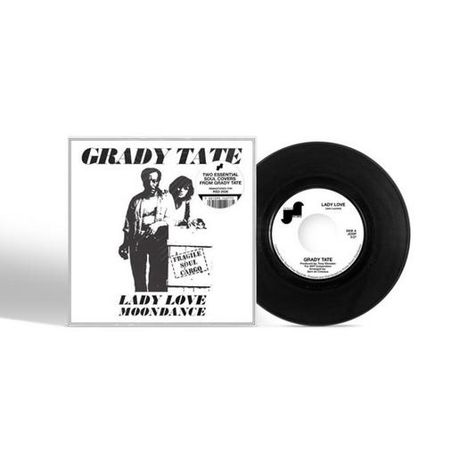 Text: Grady Tate, Lady Love, Moondance. Illustration: Mann und Frau mit Tasche. Schallplatte rechts daneben.