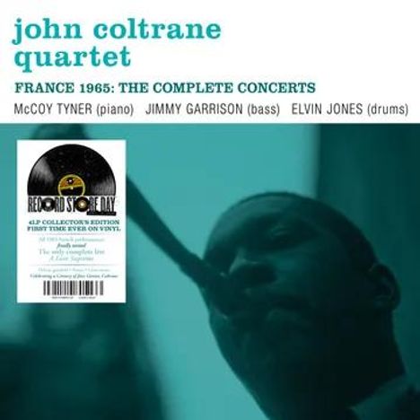 "john coltrane quartet" oben in Blau. Schwarz-Weiß-Foto von einem Musiker mit Saxophon rechts.
