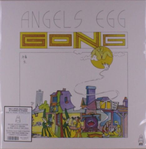 Oben steht "ANGELS EGG GONG". Darunter eine farbenfrohe Illustration mit Häusern und einem Mond mit einer Figur darauf.