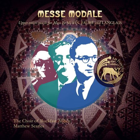 "MESSE MODALE" in weißer Schrift, Porträts von drei Männern in unterschiedlichen Farben, Mosaikhintergrund, Logo mit Hirsch.