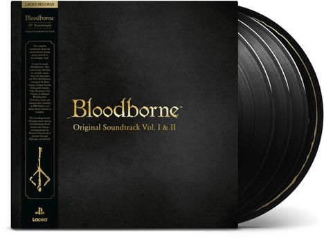 „Bloodborne Original Soundtrack Vol. I & II“ in goldener Schrift auf schwarzem Hintergrund, daneben schwarze Schallplatten.