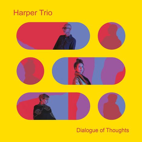 „Harper Trio“ und „Dialogue of Thoughts“ auf gelbem Hintergrund. Ovale und kreisförmige Porträts, lebendige Farben.