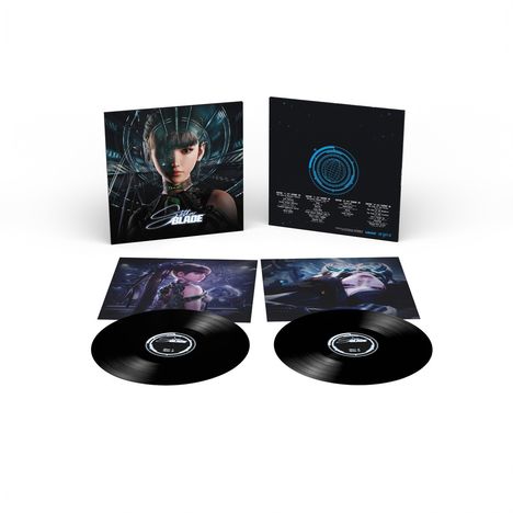 Texte: "Syth Blade". Illustration: Futuristisches Design, zwei Schallplatten und futuristische Charaktere auf Covern.