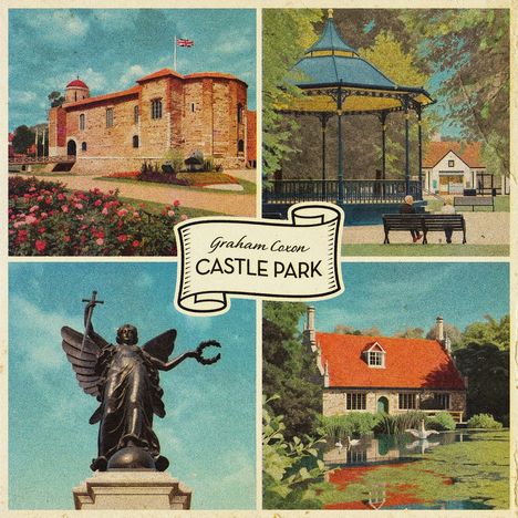 "Graham Coxon Castle Park" steht auf einem Banner. Es zeigt ein Kastell, einen Pavillon, eine Statue und ein Haus am See.