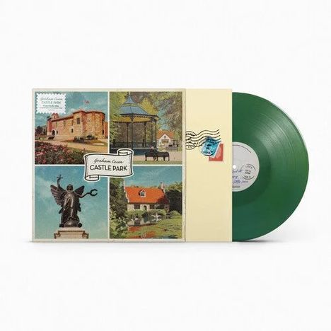 "Jardins Green Castle Park" steht auf einem Albumcover mit Collage aus vier historischen Gebäudebildern. Grüne Vinyl-Schallplatte.