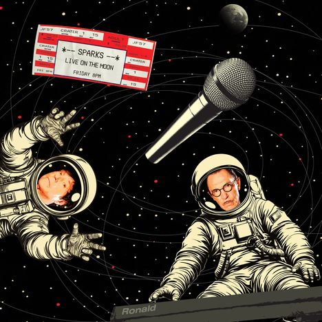 Ein Ticket mit "SPARKS LIVE ON THE MOON", große Mikrofon-, zwei Astronautenfiguren schwebend im Weltraum.