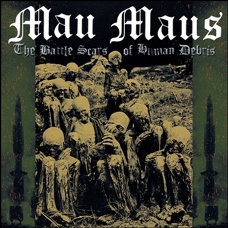 "Mau Maus", darunter "The Battle Scars of Human Debris"; eine Gruppe von Menschen in gebückter Haltung.
