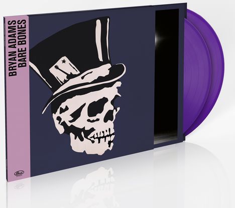 "Bryan Adams Bare Bones" steht auf einem lila Streifen. Illustration: Schädel mit Zylinderhut, violette Schallplatte.