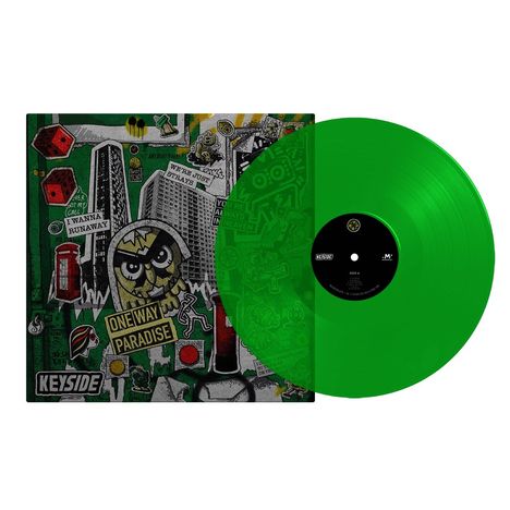 Die Texte "I Wanna Runaway," "We're Just Strays," "One Way Paradise," "You're Always in Heaven." Eine grüne Vinyl-Schallplatte.