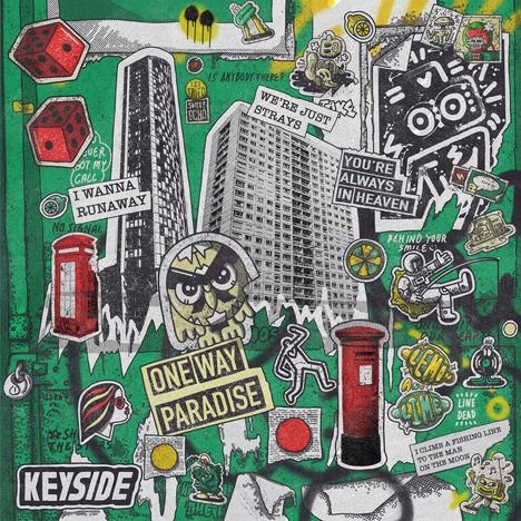 Textfragmente: "I WANNA RUNAWAY", "ONE WAY PARADISE", "YOU'RE ALWAYS IN HEAVEN". Illustration mit Gebäuden, Figuren und Symbolen.