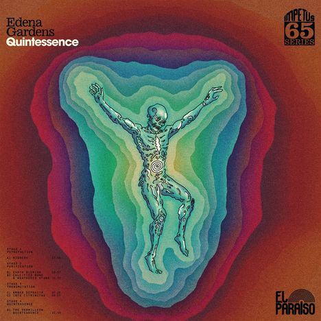 Text: "Edena Gardens Quintessence". Ein abstrahierter Mensch in lebendigen Farben mit konzentrischen Kreisen umgeben.