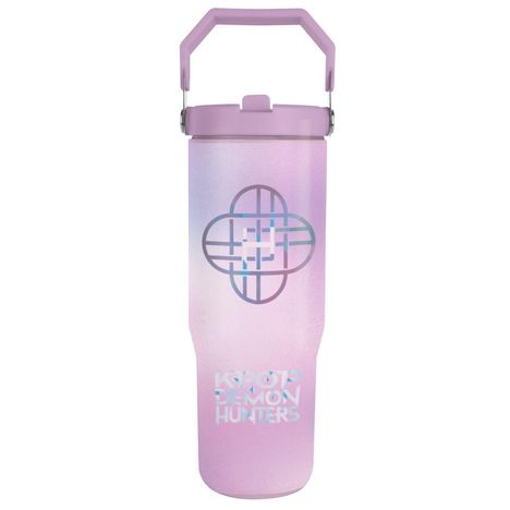 Aufschrift: "KPOP DEMON HUNTERS". Rosa Trinkflasche mit pastellfarbenem, geometrischem Muster und einem Henkel.