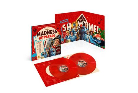Text: "MADNESS HIT PARADE VOLUME ONE 1979–1986" und "SHOWTIME!". Rotes, fröhliches Vinyl-Set mit Musiker-Illustrationen.