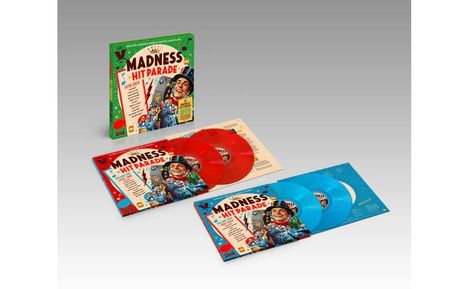 "Madness Hit Parade 1959-2009" steht auf Plattencovern in Grün, Rot und Blau. Enthalten sind rote und blaue Schallplatten.