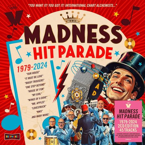 MADNESS HIT PARADE 1979-2024: Songs wie "OUR HOUSE", "IT MUST BE LOVE". Illustration mit fröhlichen Musikern und Retro-Mikrofon.