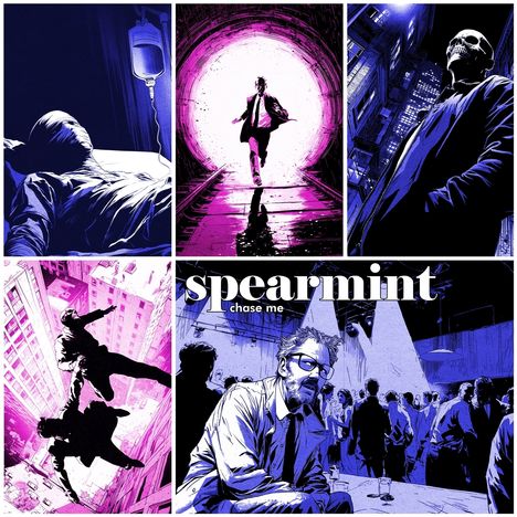 „Spearmint, chase me“ steht über einer Illustration mit verschiedenen Szenen, darunter eine Verfolgung und ein Mann in einem Anzug.