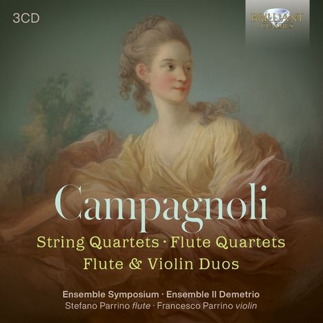 "Campagnoli", eine zarte Illustration einer Frau in historischem Gewand; Text: Musikensembles und Instrumente aufgelistet.