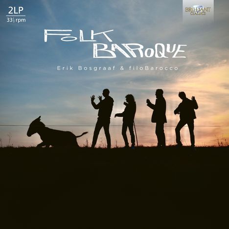 „Folk Baroque“ und „Erik Bosgraaf & filoBarocco.“ Silhouetten von vier Menschen, ein Esel, Himmel bei Sonnenuntergang.
