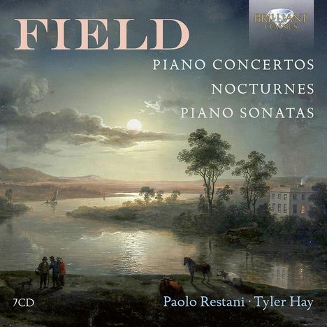 "FIELD Piano Concertos, Nocturnes, Piano Sonatas. Paolo Restani, Tyler Hay. Landschaft mit Pferd am Flussufer bei Abenddämmerung."