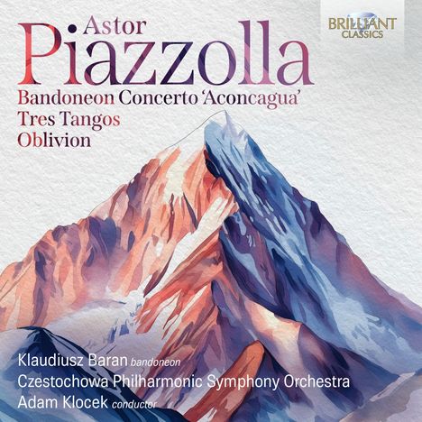 Astor Piazzolla, Bandoneon Concerto 'Aconcagua', Tres Tangos. Illustration eines Berges in Blau- und Rottönen.