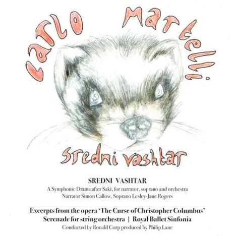 "Carlo Martelli Sredni Vashtar" in roter Schrift, Zeichnung eines Marders mit weichem, expressivem Blick.