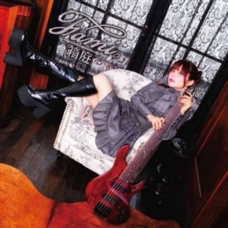 "JAMIE" und japanische Schriftzeichen oben links. Eine Person in einem grauen Kleid mit E-Bass auf einem Sessel.