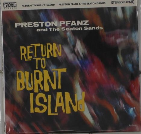 Oben steht "Preston Pfanz and The Seaton Sands". Darunter "Return to Burnt Island". Bunte, abstrakte Muster im Hintergrund.
