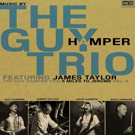 "THE GUY HAMPER TRIO" in blauen Buchstaben. Unterhalb vier Musikerfotos mit den Namen Guy Hamper, James Taylor, Julie Hamper, Wolf Howard.