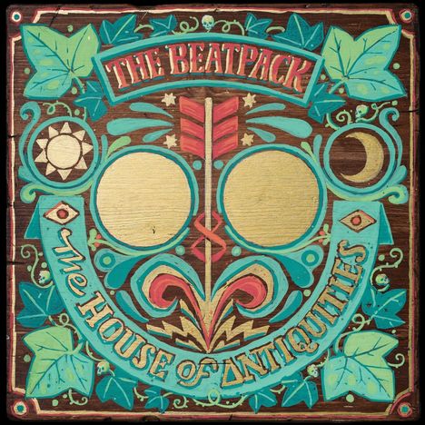 "The Beatpack" oben, "The House of Antiquities" unten. Retro-Design mit Pflanzen und Symbolen in Grün und Rot.