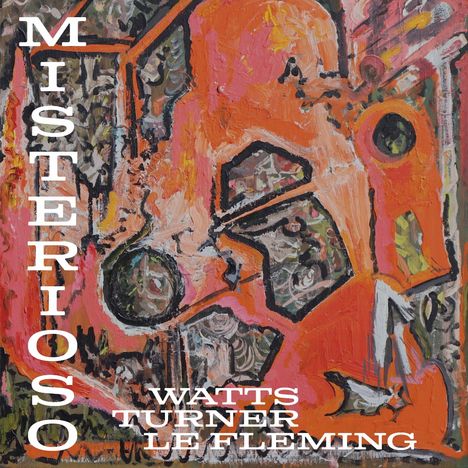 Text: "MISTERIOSO", "WATTS", "TURNER", "LE FLEMING". Abstrakte Malerei in kräftigen Orange-, Rosa- und Erdtönen.