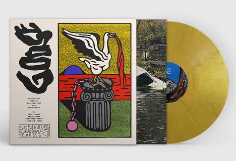 Cover mit großen, schwarzen Schriftzeichen links. Bunte Illustration: ein Vogel auf einer Säule, Hintergrund gelb. Goldene Schallplatte.