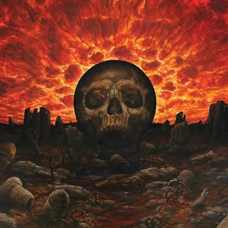 Illustration: Ein großer Totenkopf vor einem roten, feurigen Himmel dominiert die Szene mit einer apokalyptischen Landschaft.