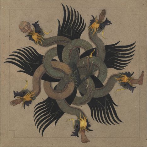 Es gibt keine Texte. Eine komplexe Illustration zeigt Schlangen mit Vogelköpfen und Federn, die sich ineinander verschlingen.