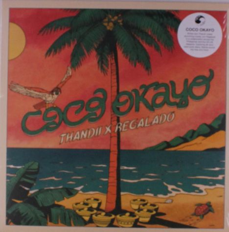 "Coco Okayo", "Thandii x Regalado". Illustration: Palme, Küste, fliegender Vogel, Abendrot, Meer, Schildkröte.