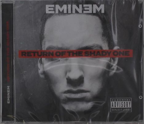 „RETURN OF THE SHADY ONE“ in roter Schrift. Schwarz-weißes Porträt eines ernst blickenden Mannes darunter.