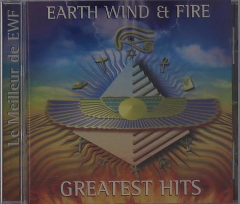 "EARTH, WIND & FIRE" oben, "GREATEST HITS" unten, pyramidenartige Illustration mit ägyptischen Symbolen.