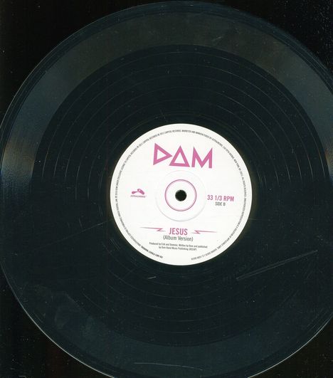 Text: "DAM", "Jesus (Album Version)", "33 1/3 RPM", "Side B". Eine Schallplatte mit kreisförmigen Rillen.