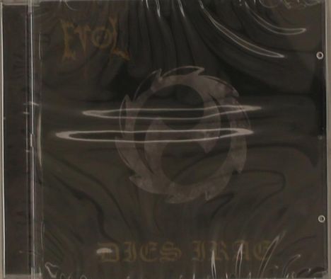 Text: "EVOL" oben, "DIES IRAE" unten. Dunkler Hintergrund mit einem stilisierten runden Symbol in der Mitte.