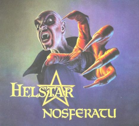 „HELSTAR NOSFERATU“ in gelber Schrift, ein vampirartiges Wesen streckt eine große, krallenartige Hand aus.