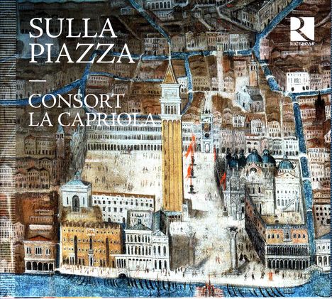 „SULLA PIAZZA ― CONSORT LA CAPRIOLA“. Eine Stadtansicht im Illustrationsstil mit vielen Gebäuden und einem Turm.