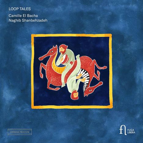 "LOOP TALES Camille El Bacha Naghib Shanbehzadeh", Illustration mit zwei stilisierten Menschen auf roten Pferden.