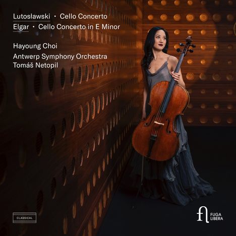 Lutosławski und Elgar Cello-Konzerte. Hayoung Choi, Antwerp Symphony Orchestra. Elegant gekleidete Frau mit Cello.