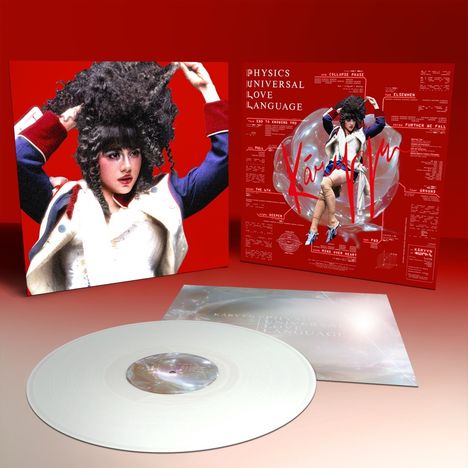 Texte: "PHYSICS UNIVERSAL LOVE LANGUAGE" und handgeschrieben "Karyyn". Vinyl, Cover mit Frau und Notizen, roter Hintergrund.