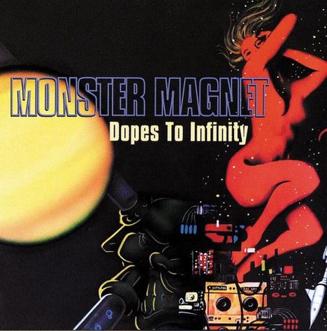 "MONSTER MAGNET" und "Dopes To Infinity". Illustration: Rote Figur neben futuristischen Maschinen und einem Licht.