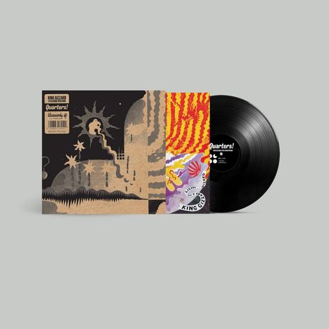 Covertext: "King Gizzard & The Lizard Wizard - Quarters!" Farbige, abstrakte Kunst mit einem schwarzen Vinyl auf grauem Hintergrund.