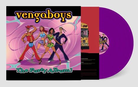 Text: "vengaboys, The Party Album!"  
Illustration: Vier tanzende Figuren in bunten Outfits, violette Schallplatte.